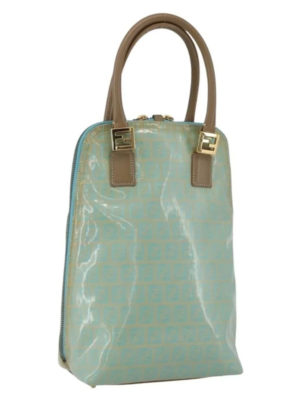 FENDI Zucchino Canvas Hand Bag Enamel Light Blue Gold Auth 159738 - Picture 1 of 16